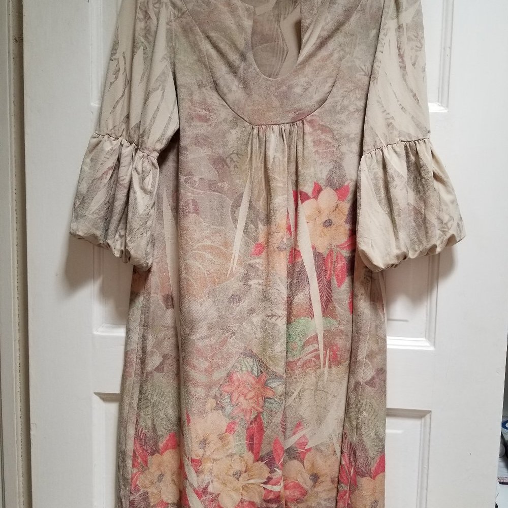 Puff Sleeves Dress Beige Color Floral Print Dress